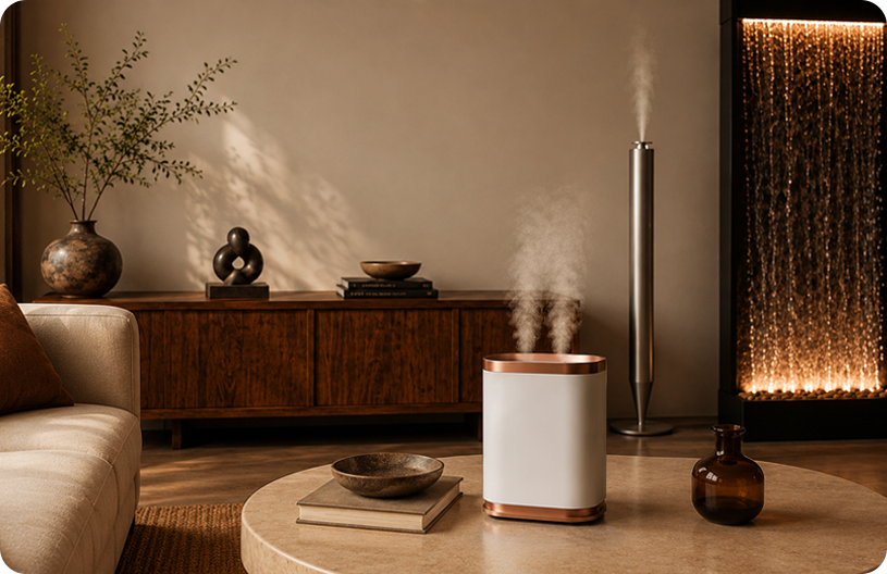 IPS smart living interior — sideboard, aroma diffuser, and water feature